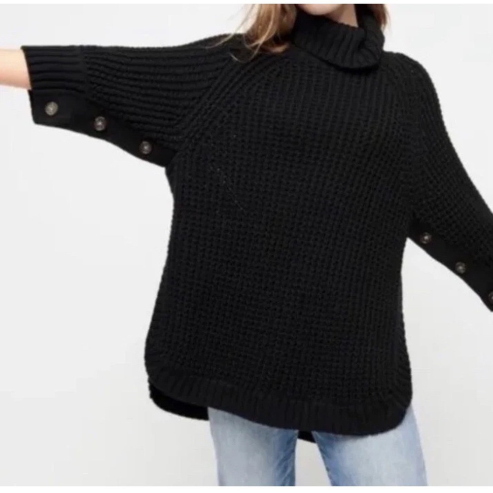 J.Crew Black Turtleneck Button Chunky Knit Poncho Sweater XS Roll‎ Neck Cotton